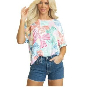 Multicolor Bowknot Printed Waffle Crew Neck Short  Sleeve Top New  M, L, XL